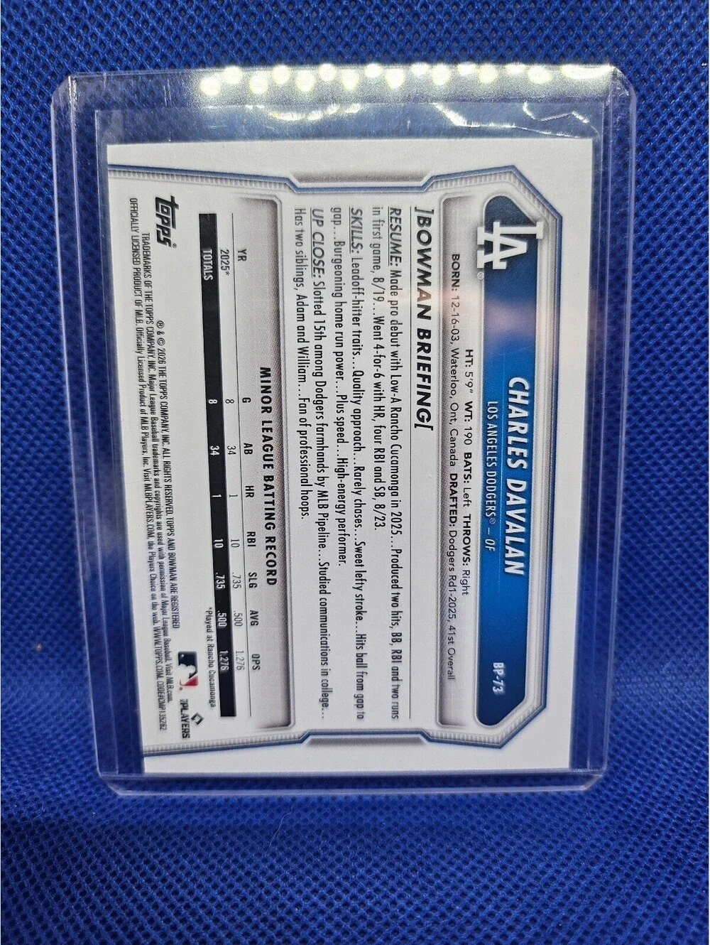 Charles Davalan [Fuchsia Border] #BP-73 - 2026 Bowman Paper Prospect - No. /299